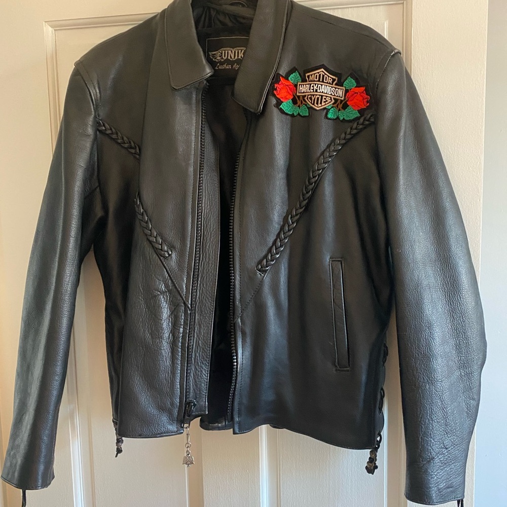 Unik Black Leather Jacket with Harley Davidson Patches